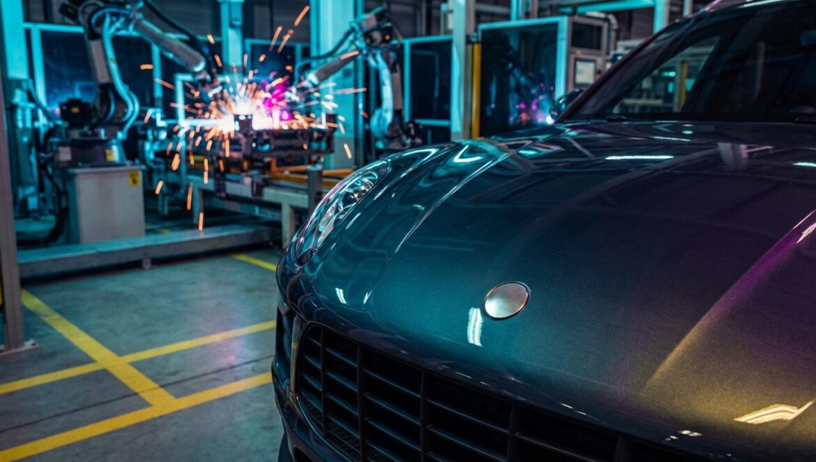 ¿Porsche se volvió demasiado grande? El dilema que suena a “crisis noventera” (pero es distinto) Primer plano de un SUV de lujo en fábrica, con un emblema metálico y chispas de soldadura de robots al fondo