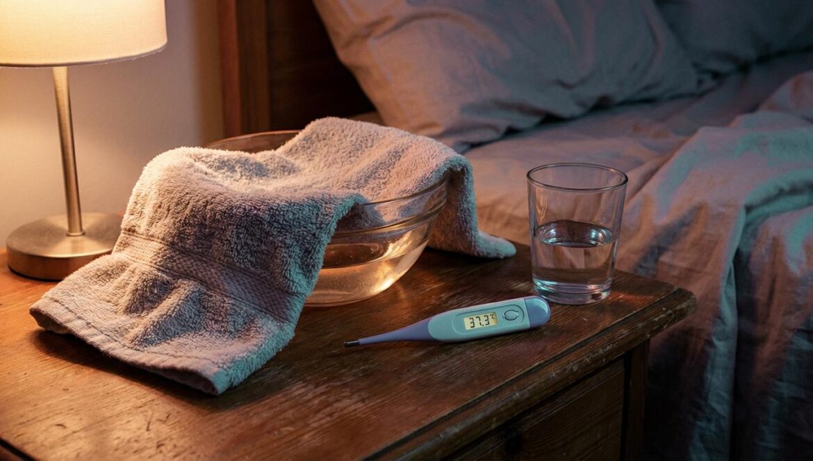 Positively Yours: el CEO aprende a cuidar, no a mandar Toalla húmeda, termómetro y vaso de agua sobre una mesita de noche, con luz cálida y sábanas arrugadas al fondo.