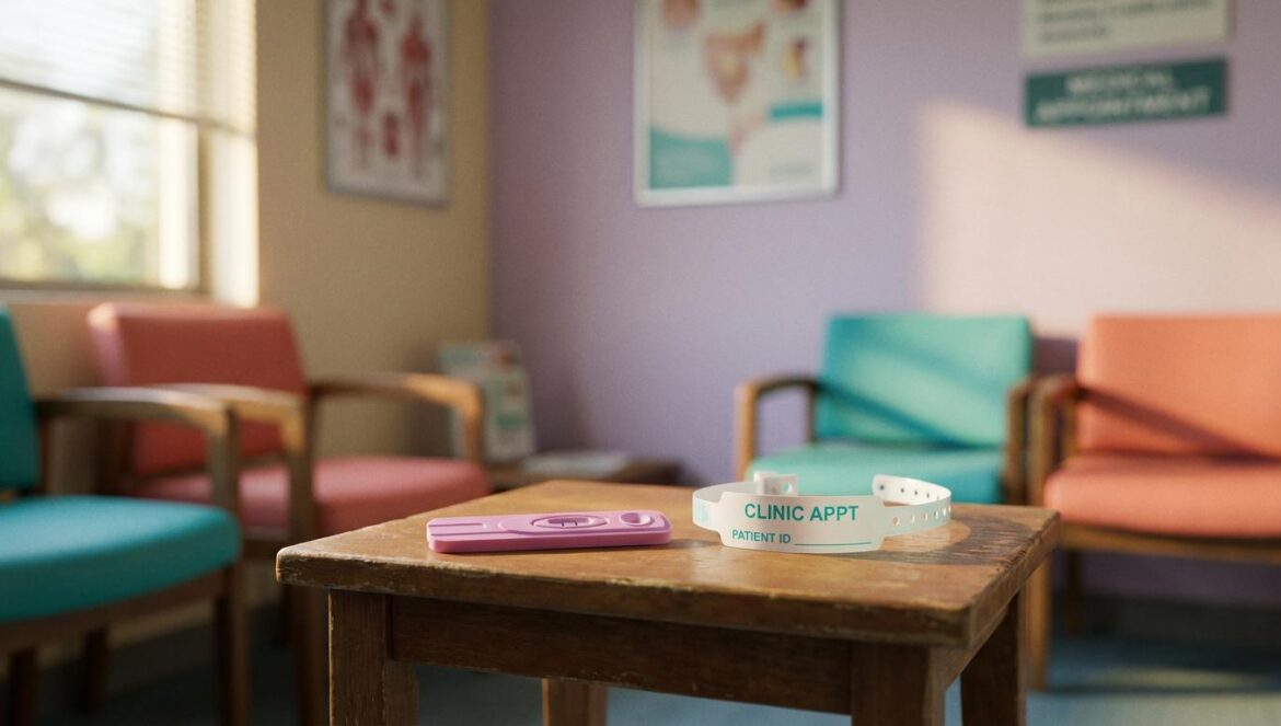 Positively Yours: el reencuentro en la clínica que convierte el rom-com en algo mucho más adulto Un test de embarazo junto a una pulsera de cita en una sala de espera de clínica, con sillas desenfocadas al fondo