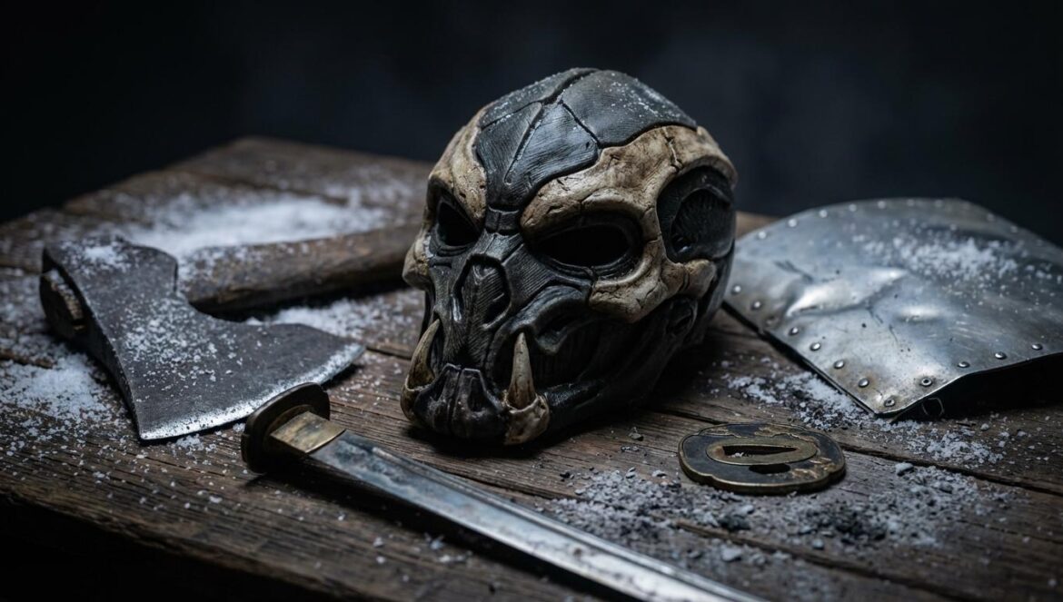 Predator: Asesino de asesinos convierte la animación en arma y Disney+ se atreve con lo más salvaje Máscara metálica alienígena sobre mesa oscura, rodeada por un hacha con escarcha, una guarda de katana y una chapa remachada de avión, con luz dramática.