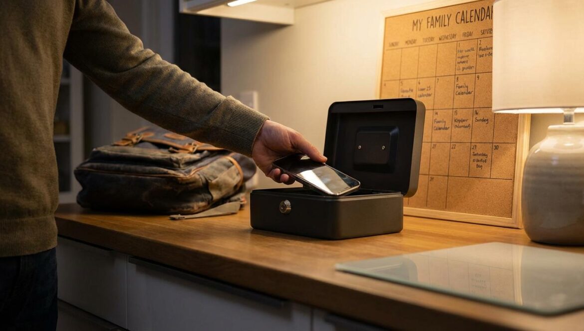 ¿Primer móvil a los 12? El pacto que está apagando el “todos tienen” sin que tu hijo quede afuera Una mano adulta guarda un smartphone en una caja con cierre sobre la mesa de cocina, con una mochila escolar y un calendario familiar al fondo.