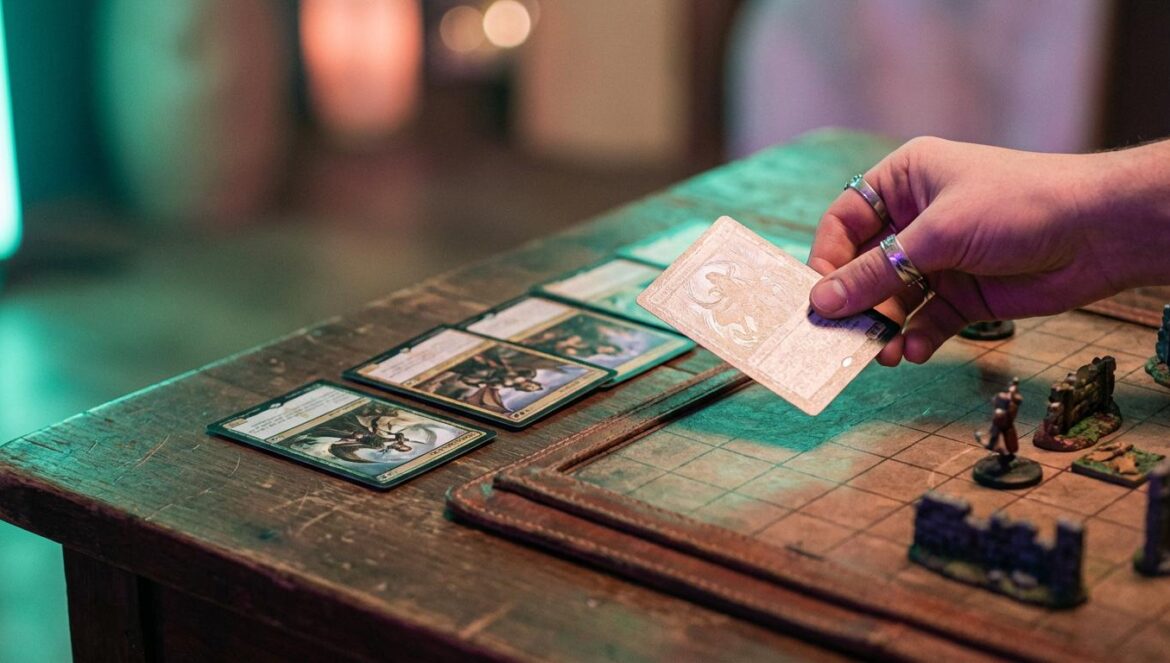 Queen’s Blood vuelve más fuerte en FF7 Remake Parte 3 Cartas de fantasía extendidas junto a un tablero de rejilla, iluminadas por un brillo verde en una mesa de madera oscura