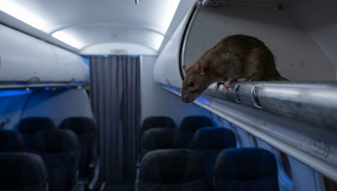 Rata en un avión de KLM: el Caribe soñado, el regreso cancelado Una rata camina junto a los compartimentos superiores en la cabina de un avión, con luz fría y la cortina divisoria al fondo
