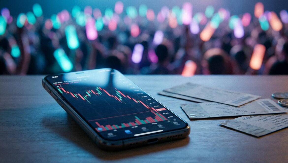 Primer plano de un móvil con un gráfico bursátil cayendo, con entradas de concierto alrededor y luces de público desenfocadas al fondo