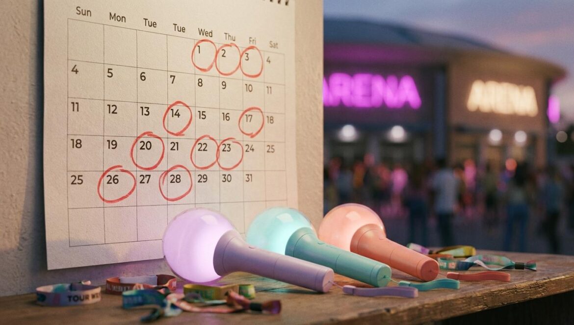 Renovación de contratos K-pop: por qué 2026 no es “drama”, es diseño de carrera Un calendario con fechas marcadas en rojo junto a tres lightsticks sin marca y pulseras de conciertos, con luz neón suave al fondo.