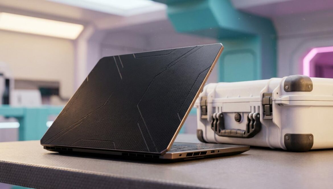ROG Flow Z13 de Kojima: choque entre hype y hardware real en CES 2026 Portátil tipo tablet con acabado de fibra de carbono y teclado angular junto a una funda blanca estilo carga sci‑fi en un entorno de feria tecnológica