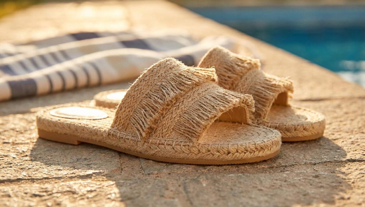 Sandalias Lidl por 7,99 € vs Havaianas: por qué el hype tiene sentido (y cuándo no) Primer plano de sandalias con flecos y plantilla de esparto sobre una vereda cálida, con luz dorada de tarde y sombra suave veraniega.