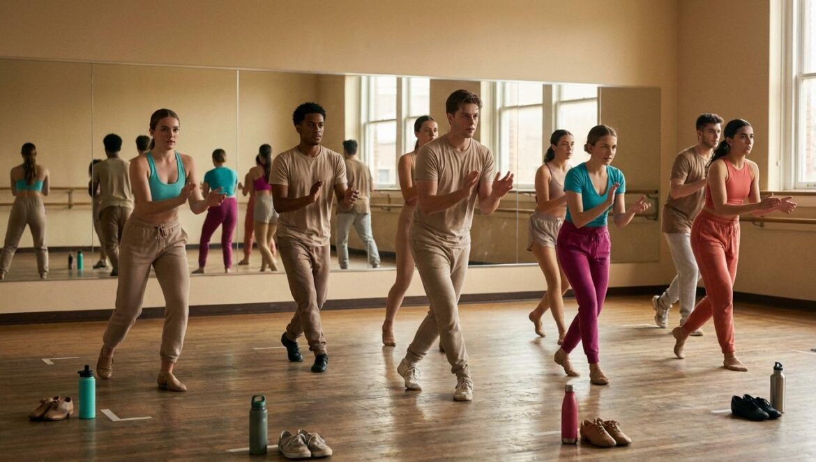 Serie K-pop de Netflix: Hybe prueba su fábrica Sala de ensayo con espejo y marcas en el suelo, donde un grupo mixto practica coreografía en una academia artística.