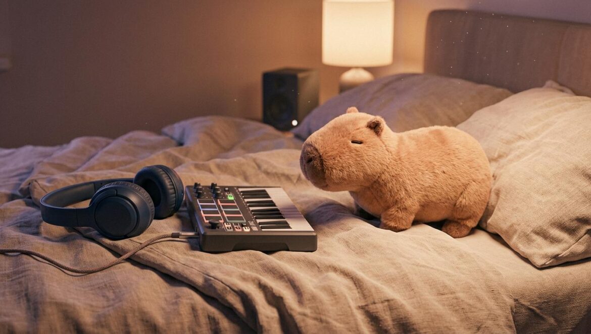 Seventhirtyatmorning y luvxomea hacen rap de felpa: lujo triste que está cambiando SoundCloud Un peluche de capibara junto a un teclado MIDI y unos auriculares sobre una cama, con luz cálida nocturna y estética de cuarto-estudio