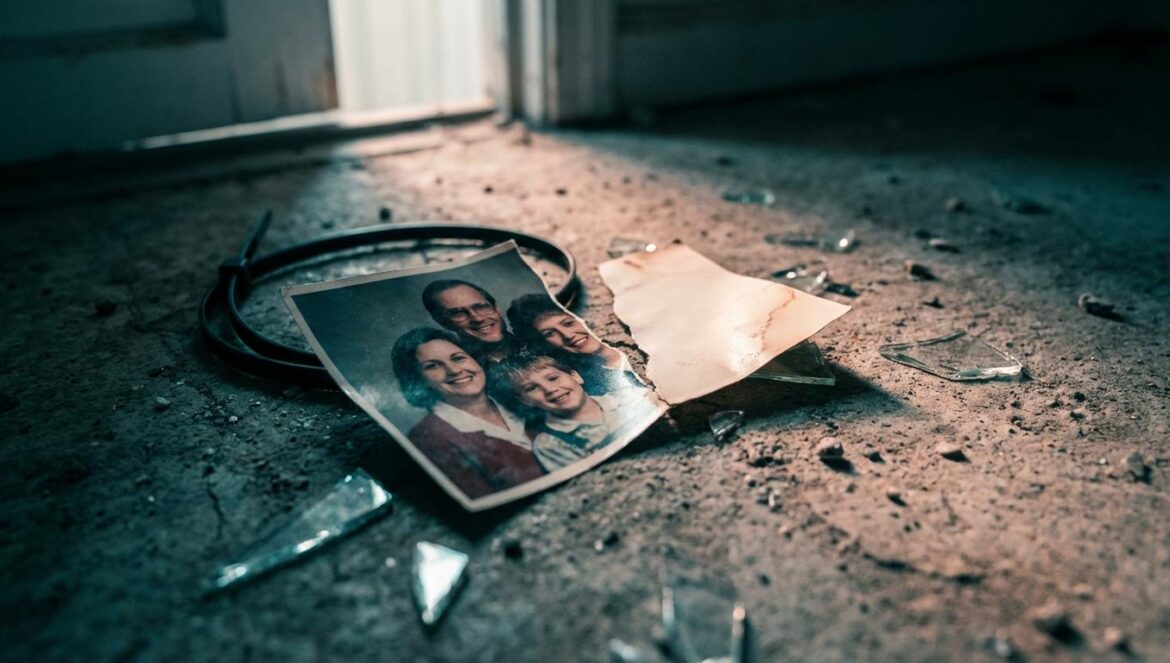 Sister: el detalle de sus pósters que vuelve el secuestro una guerra familiar Una foto familiar rota en el suelo de hormigón junto a una brida de plástico y cristales, con luz fría y ambiente tenso