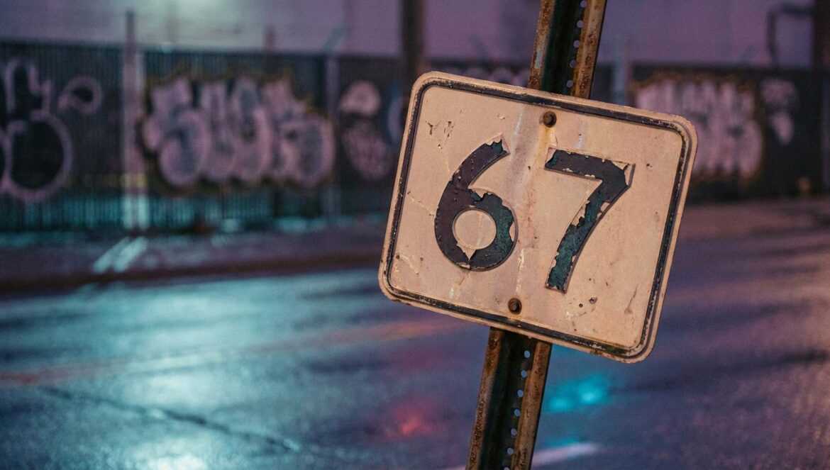 Skrilla y “6 7”: del meme infantil a la foto incómoda de Kensington Primer plano de una señal con el número 67, luz de atardecer fría, asfalto mojado y valla metálica con grafitis desenfocados al fondo