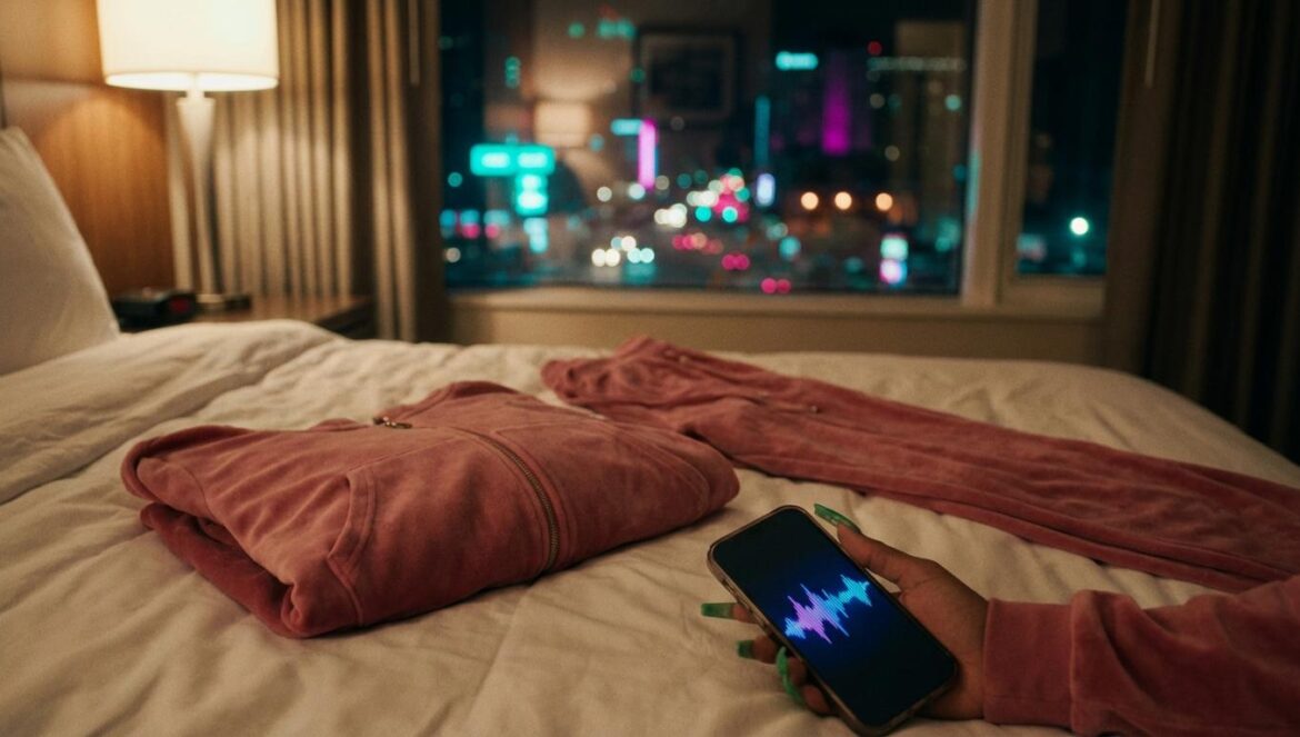 Sunshine Benzi y el rap como examen público Chándal rosa sobre cama de hotel; una mano con uñas verdes sostiene un móvil con una onda de audio, luces nocturnas al fondo.