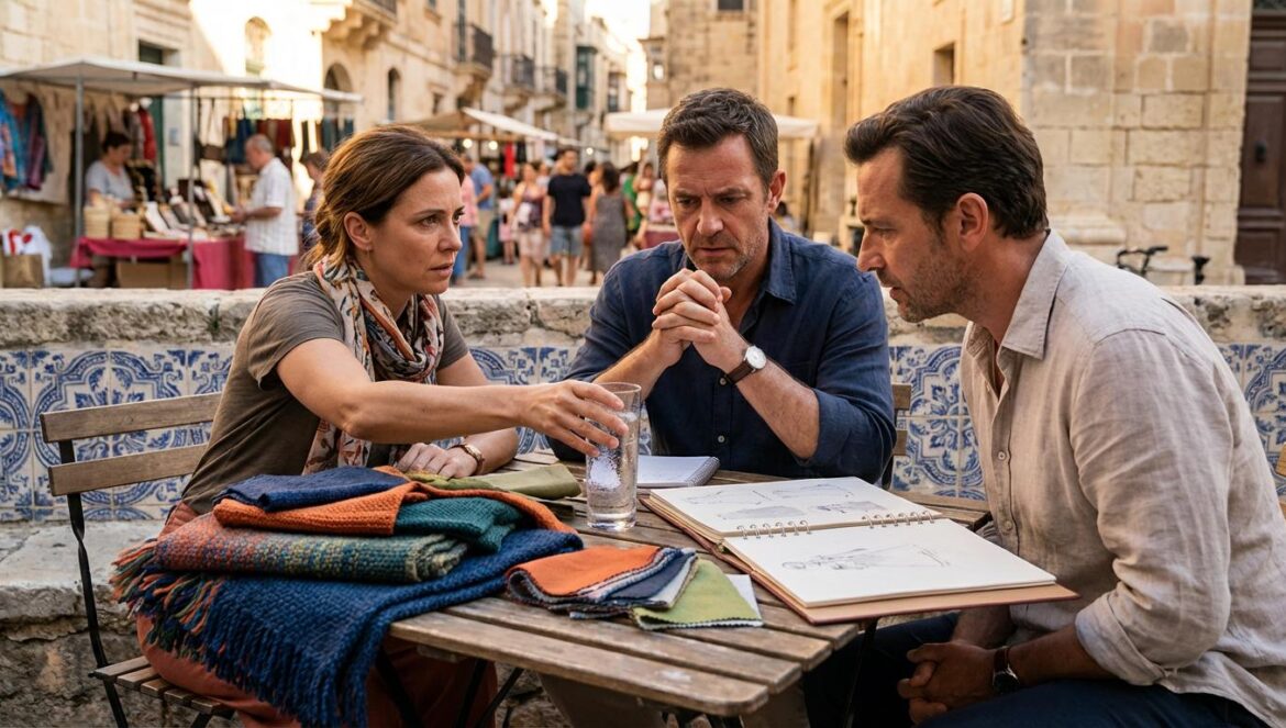 Surely Tomorrow convierte Málaga en un ring: romance, prensa y moda bajo presión Tres personas conversan con tensión en una cafetería al aire libre, con muestrarios de tela y un portafolio sobre la mesa, luz cálida de tarde mediterránea