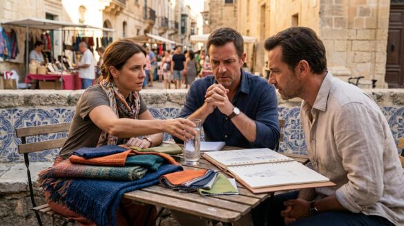 Tres personas conversan con tensión en una cafetería al aire libre, con muestrarios de tela y un portafolio sobre la mesa, luz cálida de tarde mediterránea