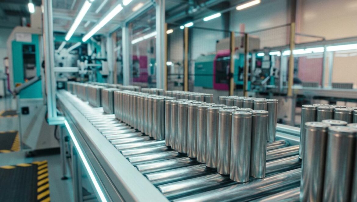 Tesla fabricará baterías en Alemania en 2027: el movimiento que delata la pelea política del auto eléctrico Celdas de batería sin marca avanzando por una banda transportadora en una fábrica, con luz industrial fría y señalización de seguridad al fondo.