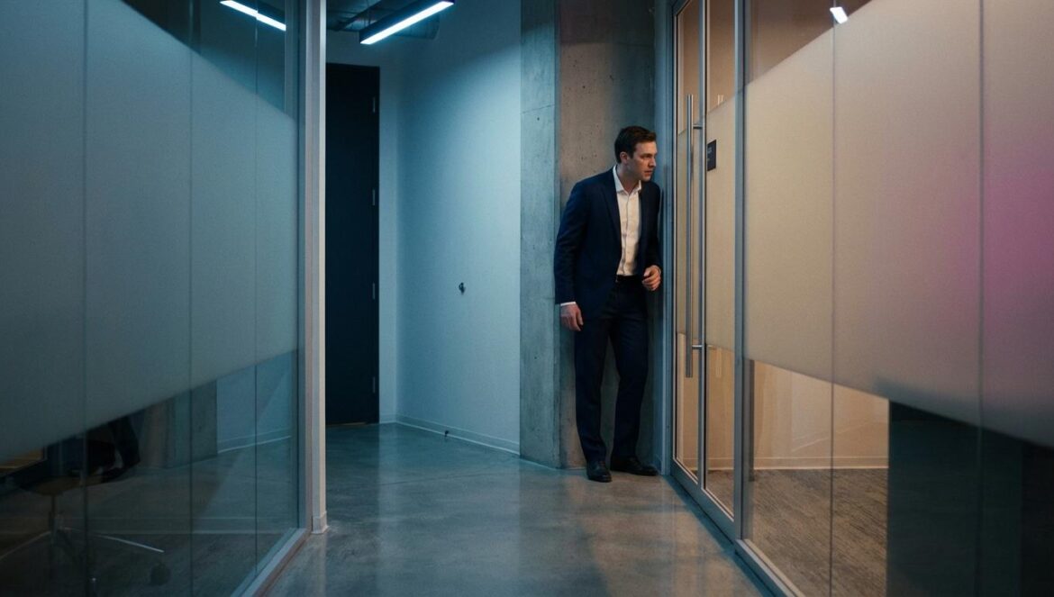 The Judge Returns: Ji Sung entra al despacho enemigo Hombre anónimo con traje asomándose hacia una puerta de cristal esmerilado en un pasillo corporativo nocturno, con luz fría y reflejos tensos