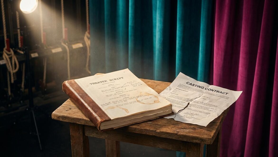 The Practical Guide to Love: elegir libertad, no fama Guion de teatro gastado junto a un contrato roto bajo un foco, con cortinas de terciopelo al fondo.