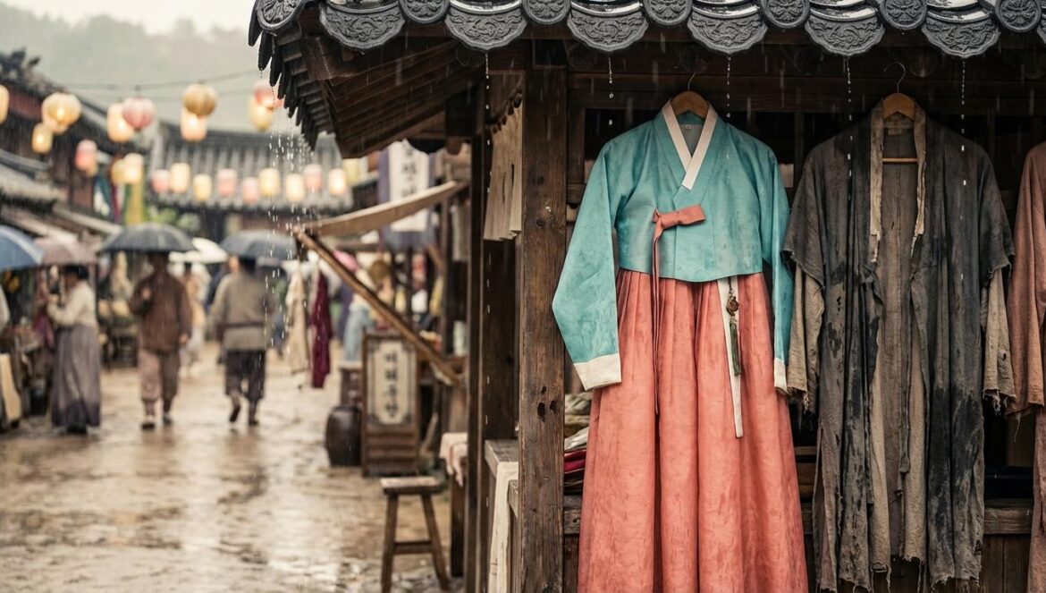 To My Beloved Thief: el flechazo bajo la lluvia que delata el gran juego de identidades Hanbok de seda y ropa harapienta colgadas en un puesto de mercado, mojadas por la lluvia bajo un alero, con el suelo brillante por los charcos