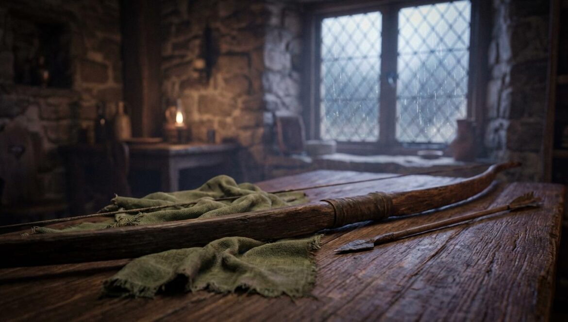 Tráiler de The Death of Robin Hood: Hugh Jackman envejece al mito y A24 aprieta el gatillo Un arco medieval gastado sobre una mesa de madera, junto a una tela verde deshilachada y una flecha, con lluvia en la ventana al atardecer
