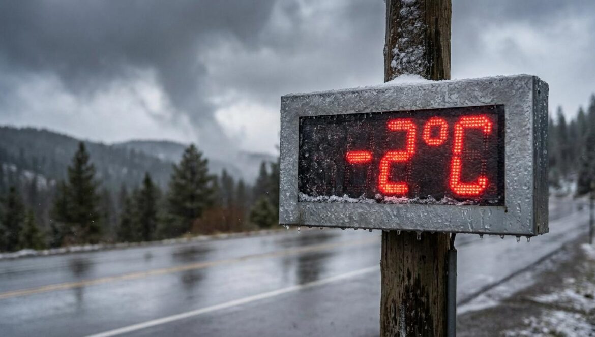 Trampa de la media: España se congela sin contradicción Señal de carretera con termómetro marcando -2°C, nieve húmeda alrededor y cielo gris de tormenta.