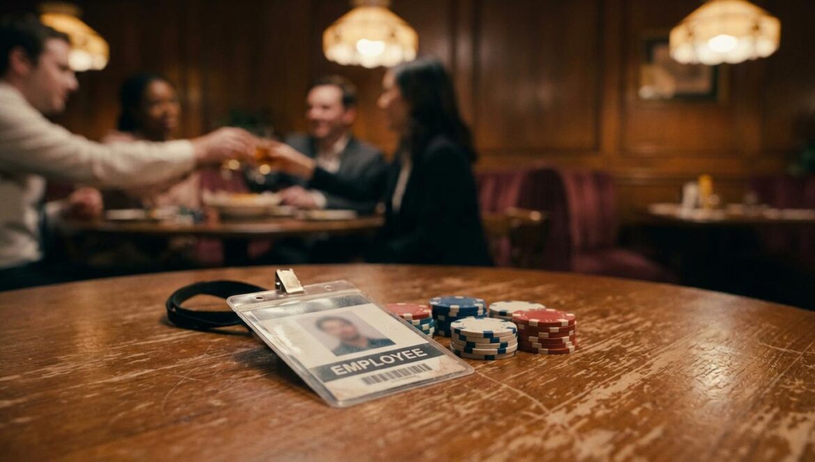 Undercover Miss Hong rompe la poker face de Park Shin Hye Chapa de identificación y fichas de póker sobre una mesa de cena corporativa, con luz cálida y ambiente tenso.