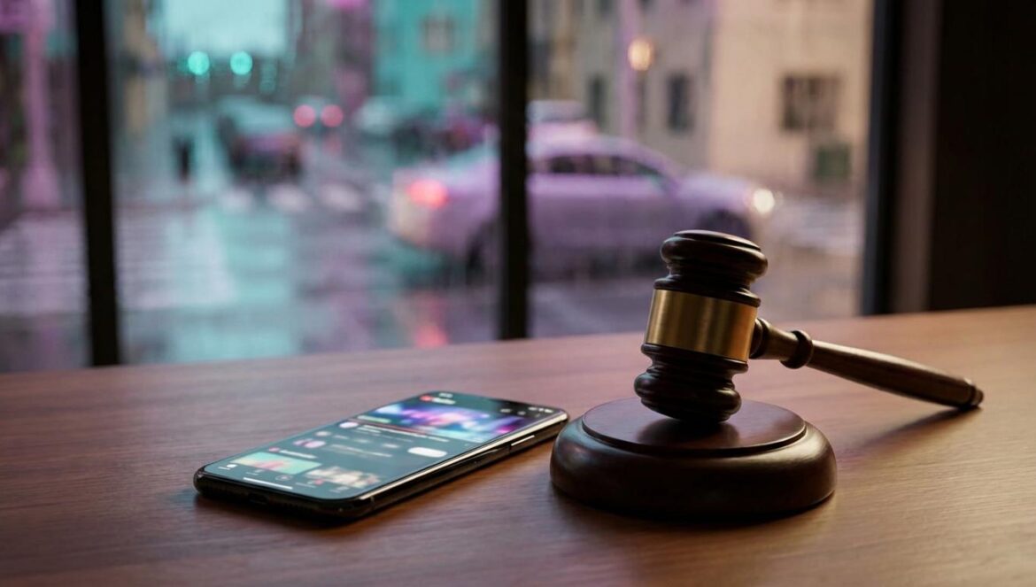 탈덕수용소 (Taldeok Suyongso) y BTS: el tribunal endurece el castigo Un mazo de juez junto a un móvil con una app de vídeos desenfocada, luz de tribunal y reflejos de lluvia.