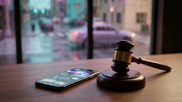 탈덕수용소 (Taldeok Suyongso) y BTS: el tribunal endurece el castigo Un mazo de juez junto a un móvil con una app de vídeos desenfocada, luz de tribunal y reflejos de lluvia.