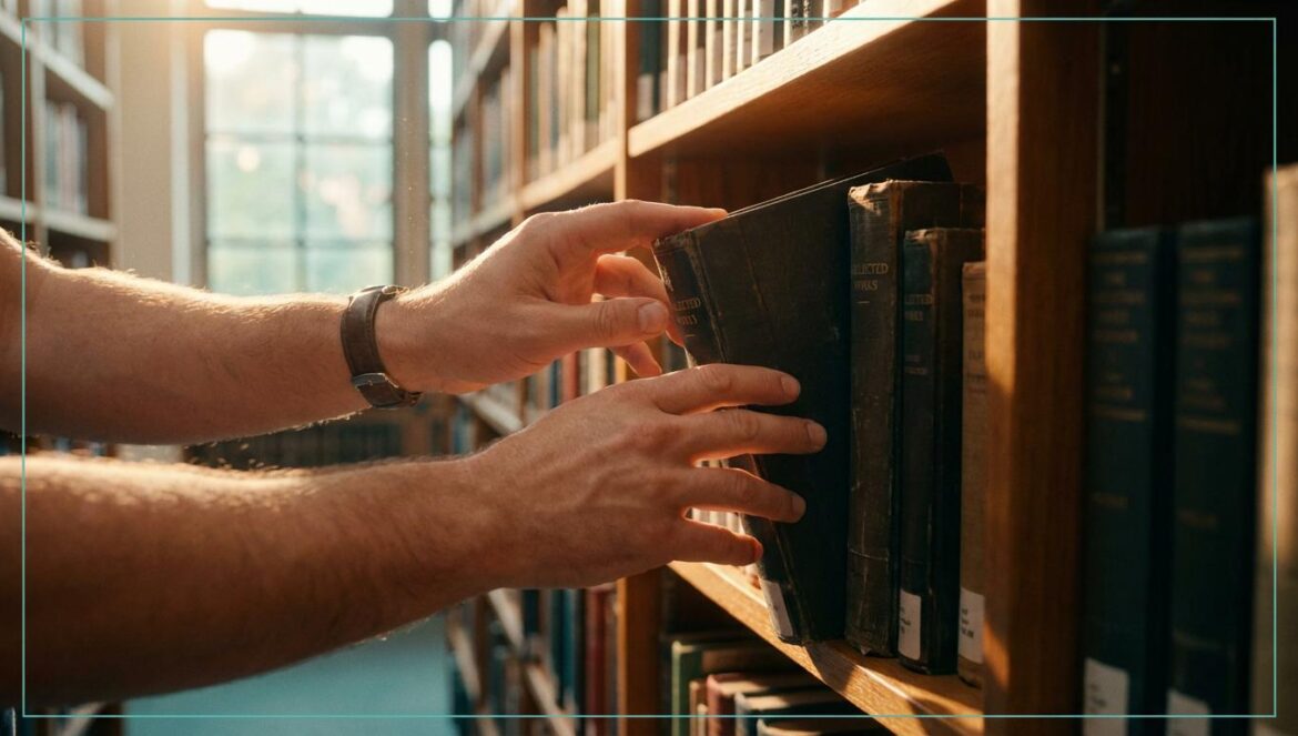 5 series BL para un San Valentín sin dramas ni toxicidad Primer plano de dos manos masculinas coincidiendo al tomar un libro en una estantería de madera con luz solar cálida y suave.