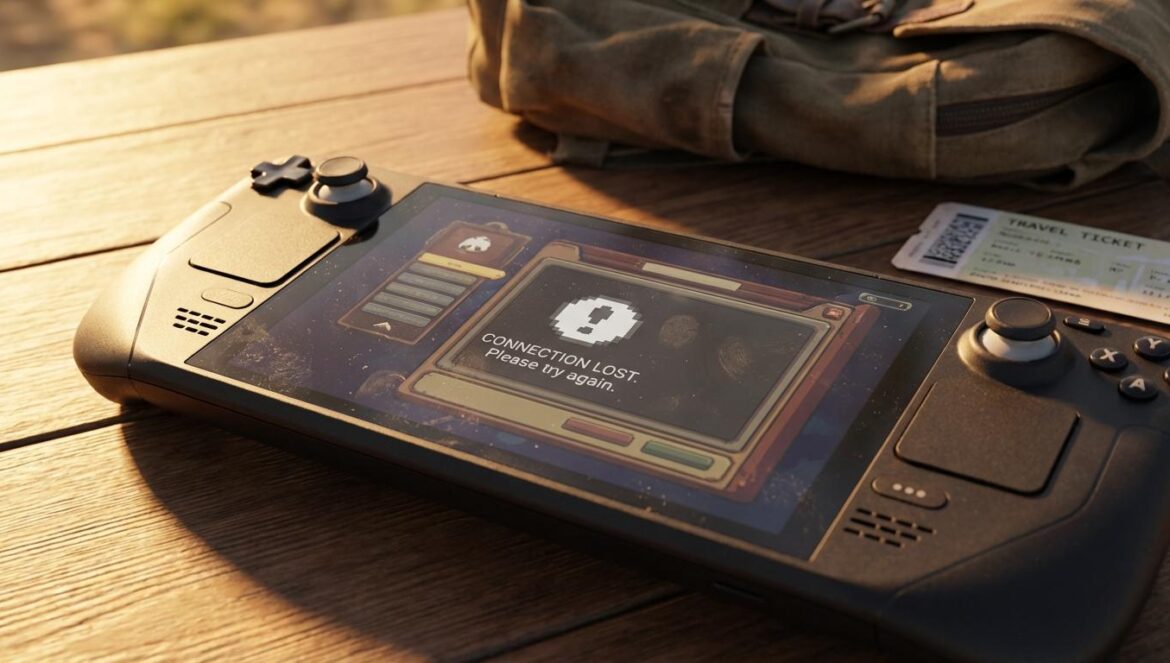 Apex Legends en Switch: el adiós que fuerza el salto Consola portátil en primer plano con un aviso de fin de servicio en pantalla, luz de verano y una mochila desenfocada al fondo.
