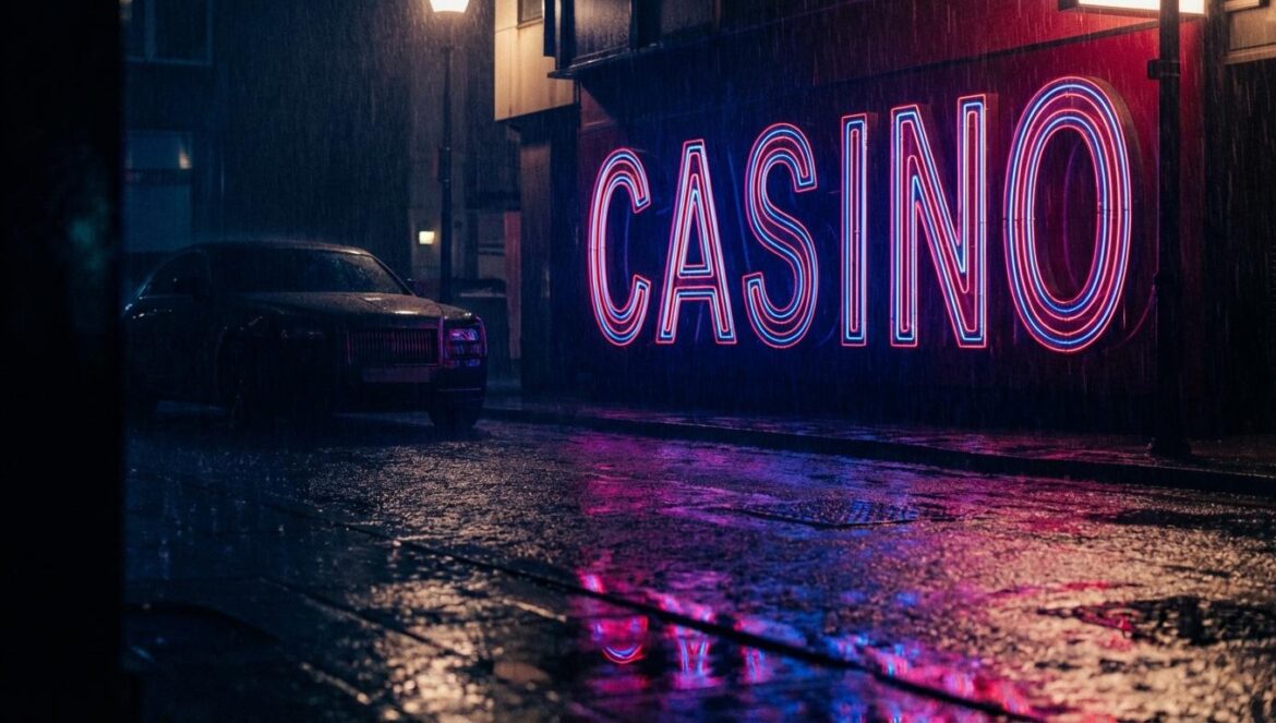 Baby Keem estrena Ca$ino: el riesgo de desnudar el trauma Letrero de neón que dice CASINO reflejado en el suelo mojado de una calle nocturna con sombras de un coche de lujo.