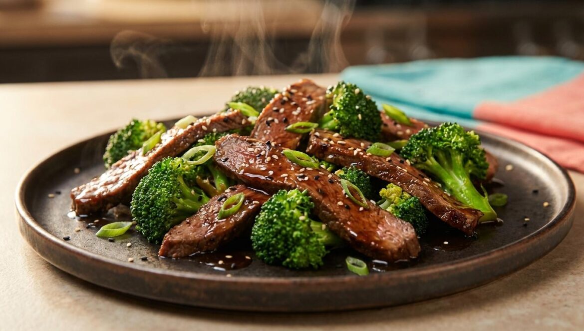 Beef & broccoli: el secreto del salteado perfecto Un plato de ternera con brócoli al estilo oriental, con carne brillante por la salsa y brócoli verde intenso sobre un fondo oscuro.