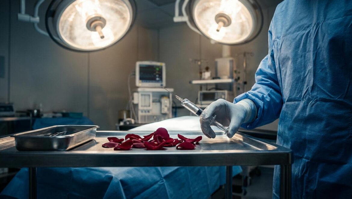 Bloody Flower plantea un asesino sanador en Disney+ Mesa de quirófano con luces frías; una mano con jeringa junto a pétalos rojos, ambiente tenso de thriller médico.