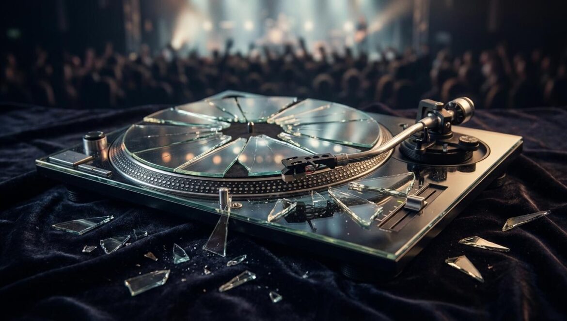 Primer plano de un disco de vinilo roto sobre terciopelo oscuro, simbolizando la ruptura de contratos y la crisis ética en la industria musical.