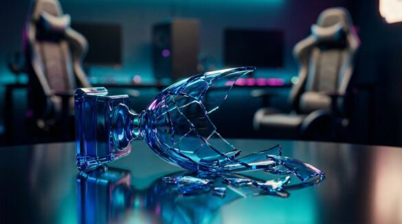 Un trofeo de cristal azul roto sobre una superficie oscura, simbolizando el cierre de un estudio de videojuegos bajo luces de neón.