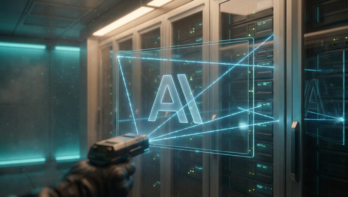 Claude y el ataque de destilación: Anthropic acusa a China El logotipo de Anthropic Claude en una pantalla digital siendo escaneado por rayos de luz azul en un entorno de servidores futuristas.