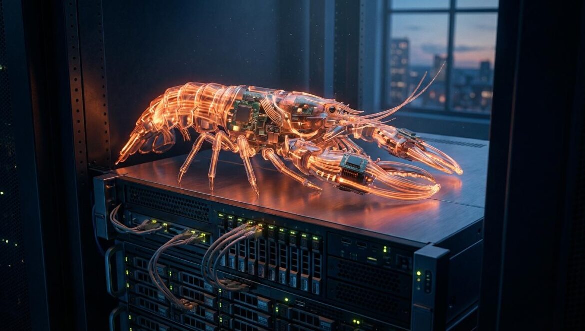 Una langosta mecánica hecha de circuitos integrados brillantes sobre un servidor de datos en un entorno de ciberseguridad oscuro.