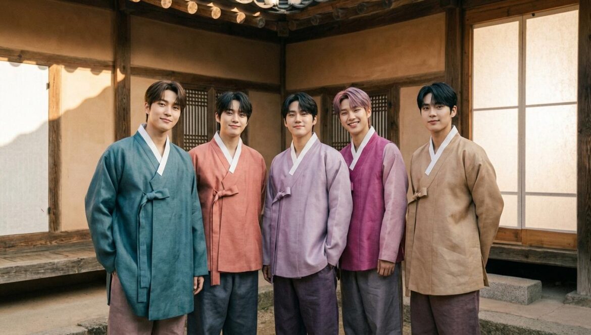 CORTIS: el futuro de Big Hit Music ante su primer Seollal Cinco jóvenes con vestimenta coreana tradicional modernizada posando en un entorno arquitectónico minimalista con iluminación suave y natural.