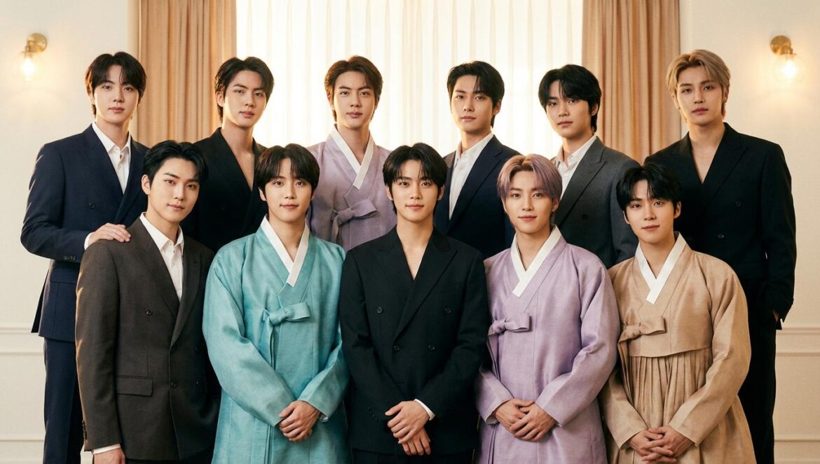 CRAVITY celebra su sexto año con un mensaje de gratitud Los integrantes del grupo CRAVITY posando con una mezcla de trajes tradicionales coreanos hanbok y vestimenta moderna formal en un estudio fotográfico iluminado.