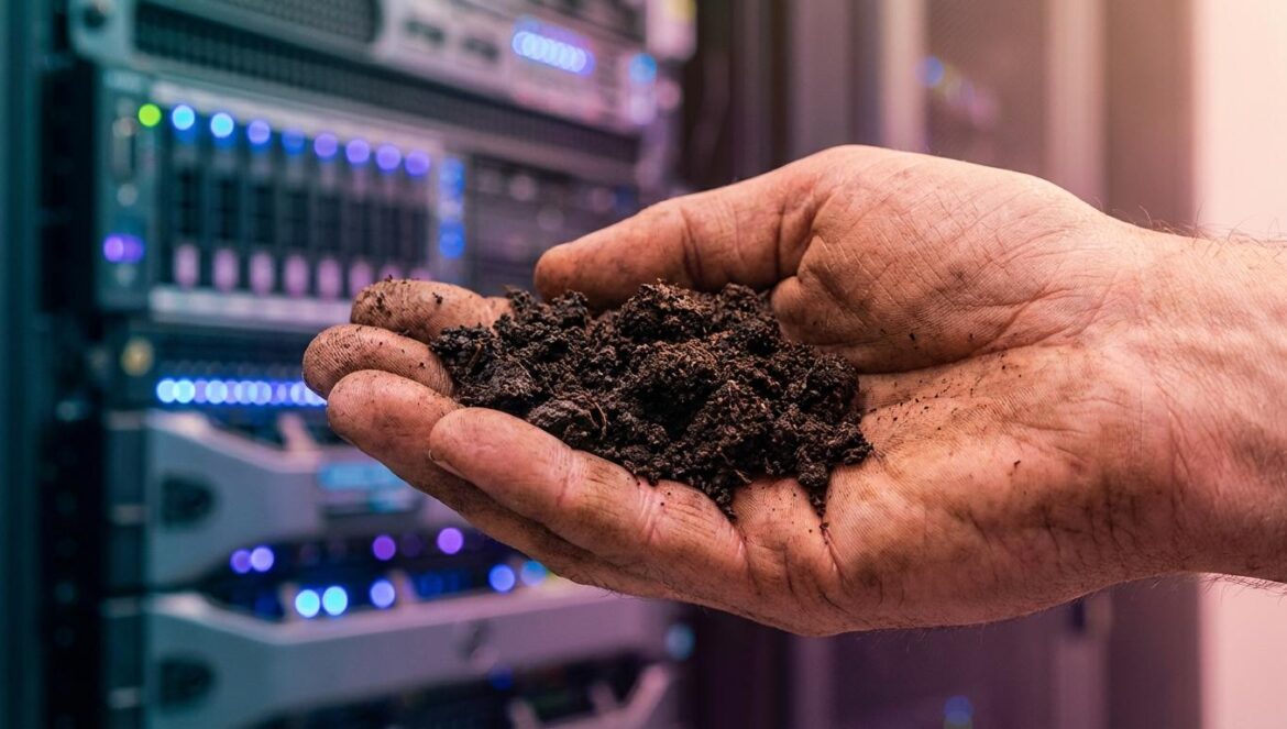 Datacenter rechazado: el dilema entre IA y agricultura Mano de un agricultor sosteniendo tierra fértil con un fondo desenfocado de luces de un centro de datos moderno.
