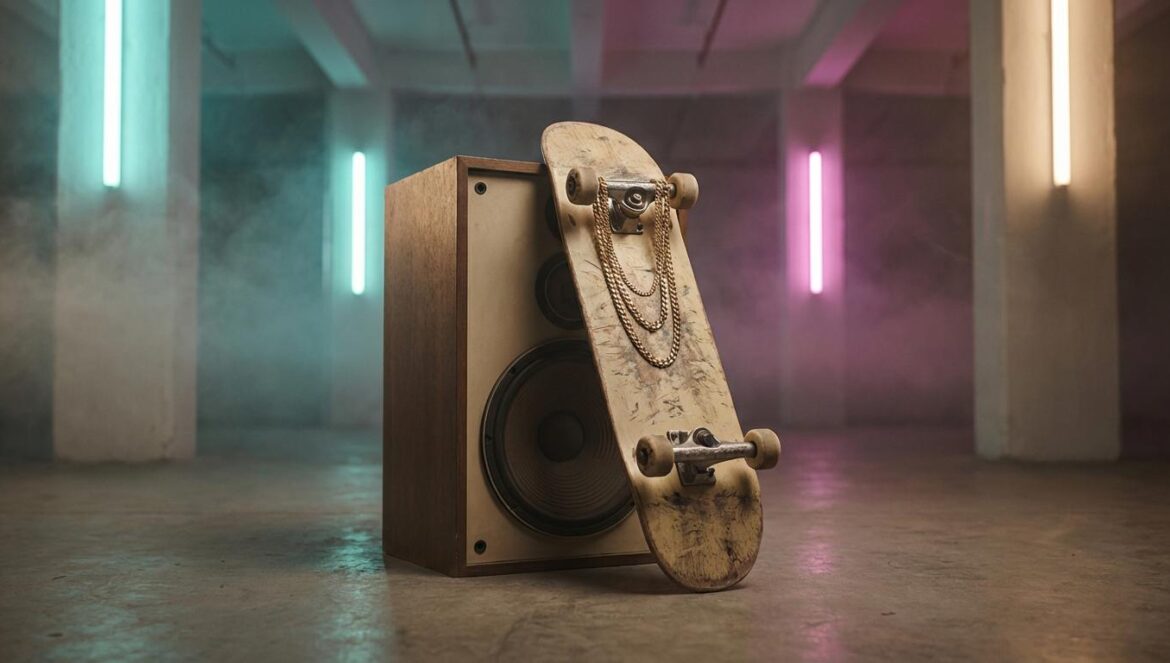 Designer Junkie: Sk8star afina su voz en Atlanta Skate apoyado en un altavoz con cadenas doradas encima, luz neón tenue y suelo de hormigón en un estudio.