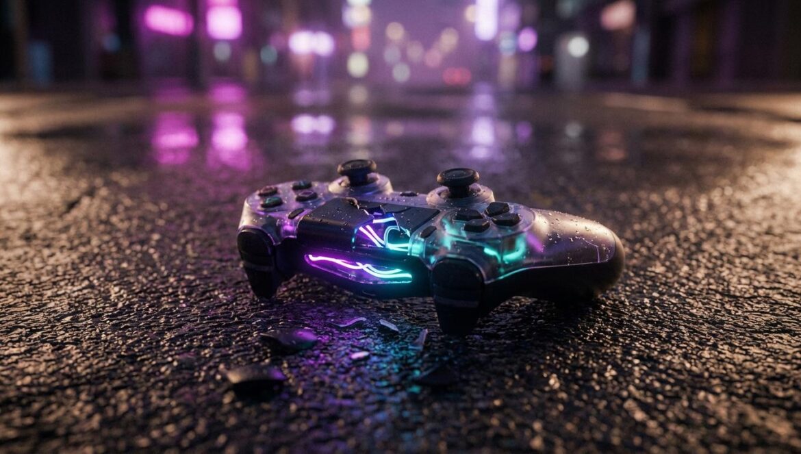 Despidos en Wildlight Entertainment: el fin del hype de Highguard Un mando de videojuegos con luces de neón roto sobre el suelo mojado de una ciudad de noche, simbolizando la crisis en la industria.