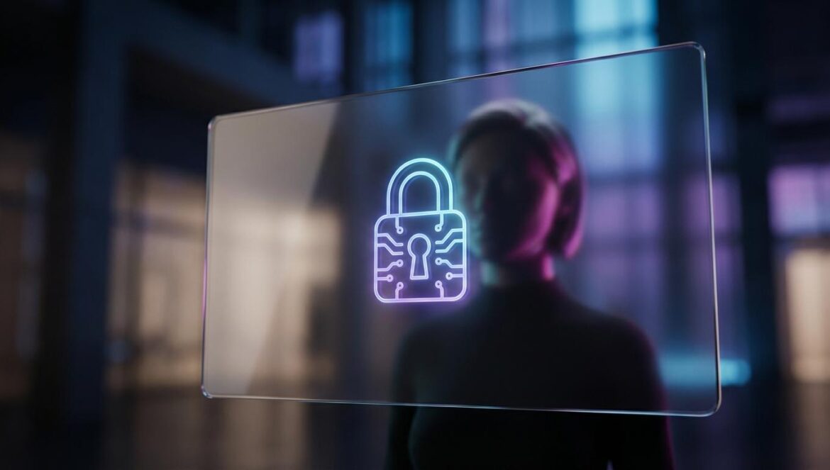 Discord frena su verificación de edad tras el caos de privacidad Interfaz digital con un icono de candado brillante y estética neón, representando la seguridad y privacidad de datos en plataformas de mensajería.