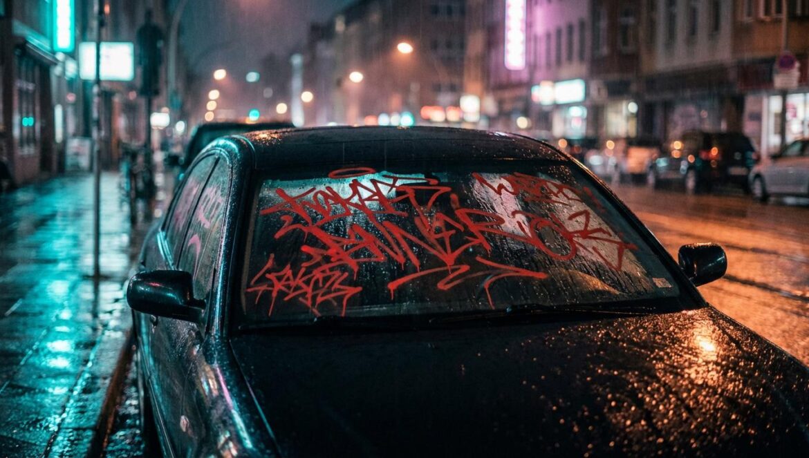 Drama Honour: abogadas al límite contra un pasado sucio Parabrisas de coche con grafiti rojo amenazante, de noche, en una calle urbana mojada por la lluvia.