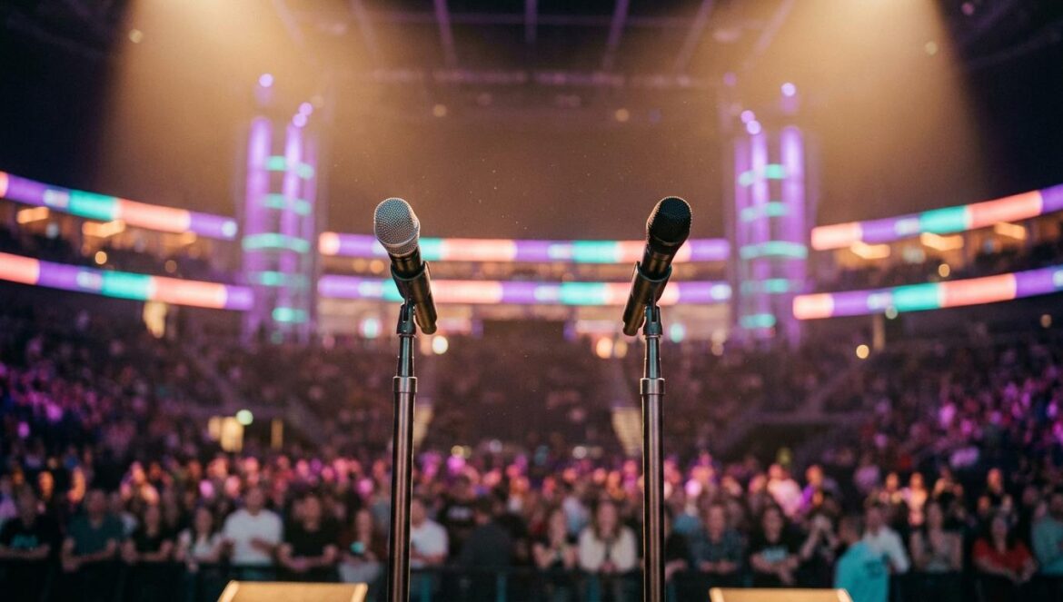 DxS de SEVENTEEN anuncia tour: fechas de SERENADE ON STAGE Escenario de concierto moderno con iluminación cálida en tonos púrpuras y dos micrófonos listos para una presentación vocal en un arena.