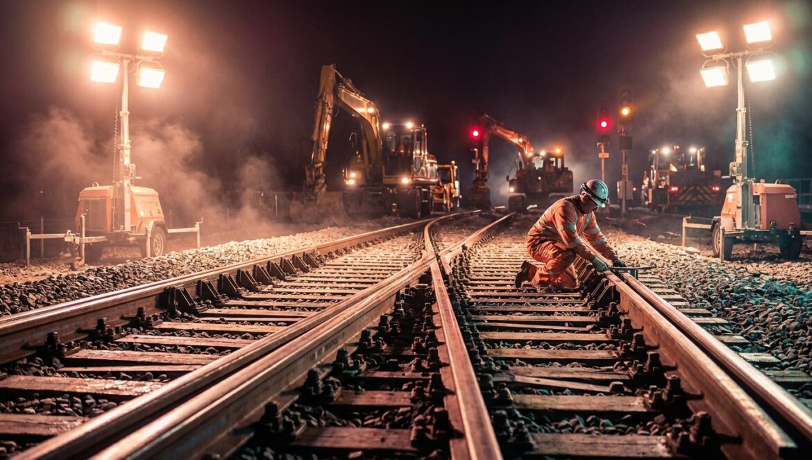 Enlace ferroviario en China: 9 horas que recortaron viajes Cruce de vías de tren de noche con reflectores, excavadoras al fondo y señales encendidas, en una estación en obra.