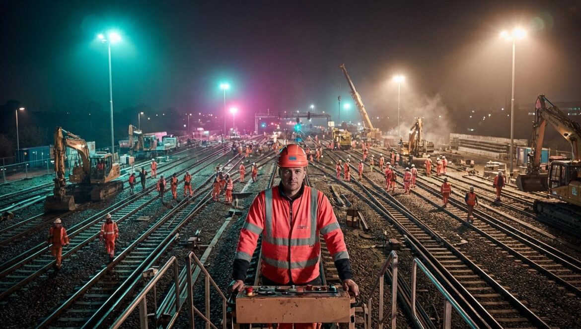 Enlace ferroviario en China: el secreto de las 9 horas Cientos de trabajadores con chalecos reflectantes trabajando en una vía ferroviaria bajo potentes focos nocturnos durante una operación de ingeniería masiva.