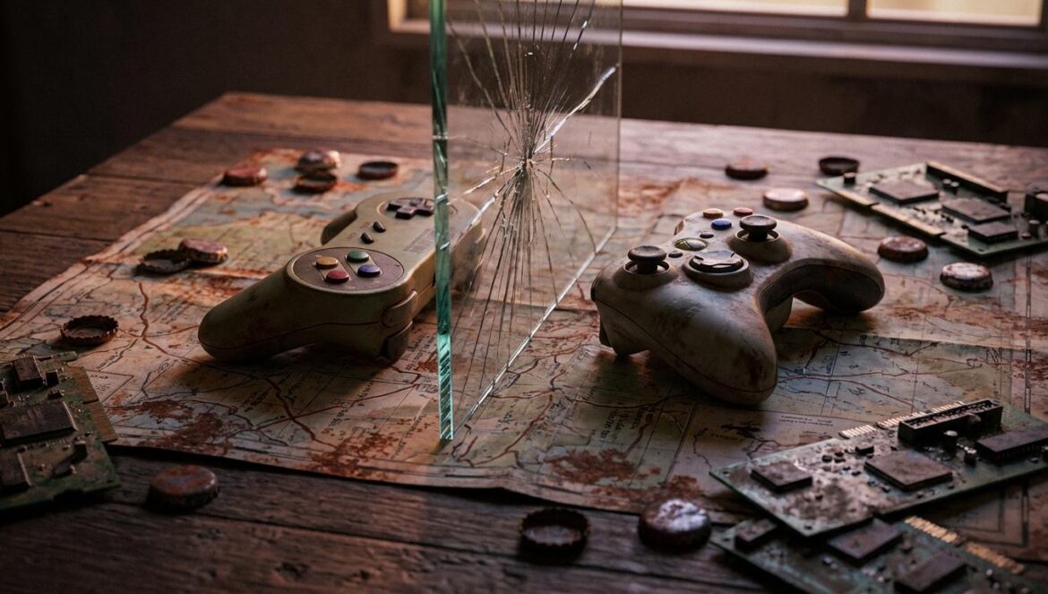 Fallout 76 crossplay: por qué Bethesda no lo suelta Dos mandos de juego separados por un cristal agrietado sobre un mapa gastado, con chapas y piezas electrónicas, luz crepuscular.
