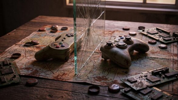 Dos mandos de juego separados por un cristal agrietado sobre un mapa gastado, con chapas y piezas electrónicas, luz crepuscular.