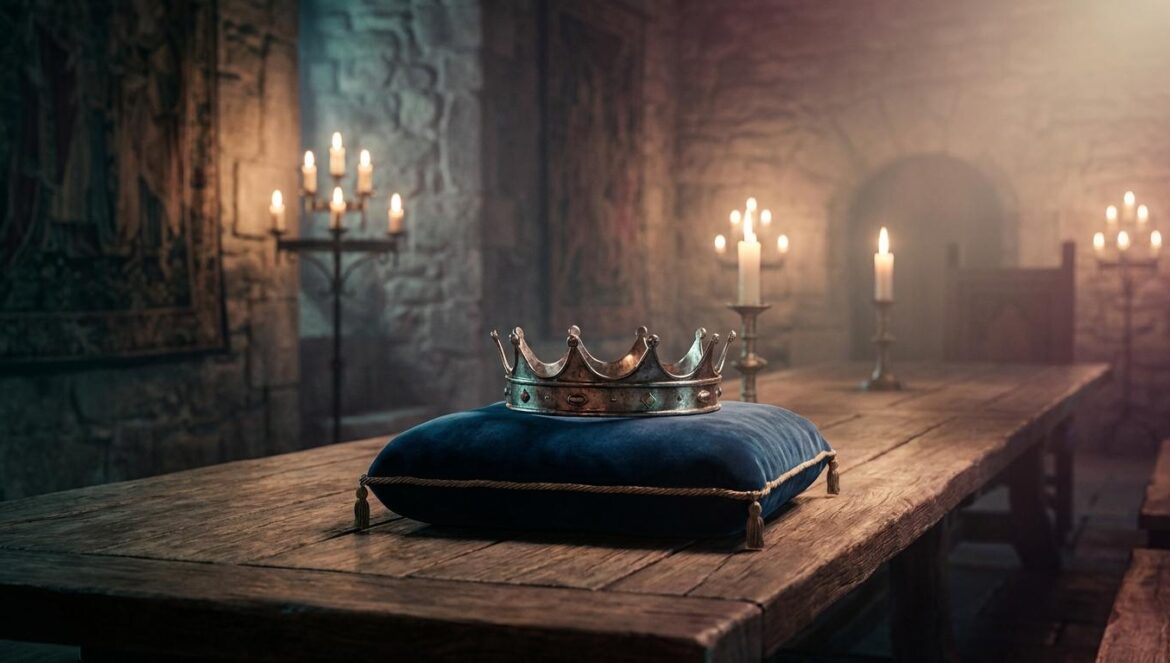 Game of Thrones llega a la RSC: el Mad King al teatro Interior de un salón medieval de piedra con luz tenue y teatral, una corona metálica sobre un cojín de terciopelo bajo la luz de las velas.