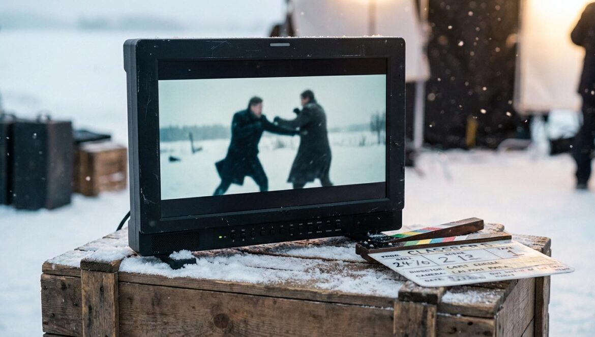 HUMINT: el espionaje coreano que quema en Vladivostok Primer plano de un monitor de rodaje en un set nevado, mostrando una escena de acción borrosa, con una claqueta sobre una caja de madera.
